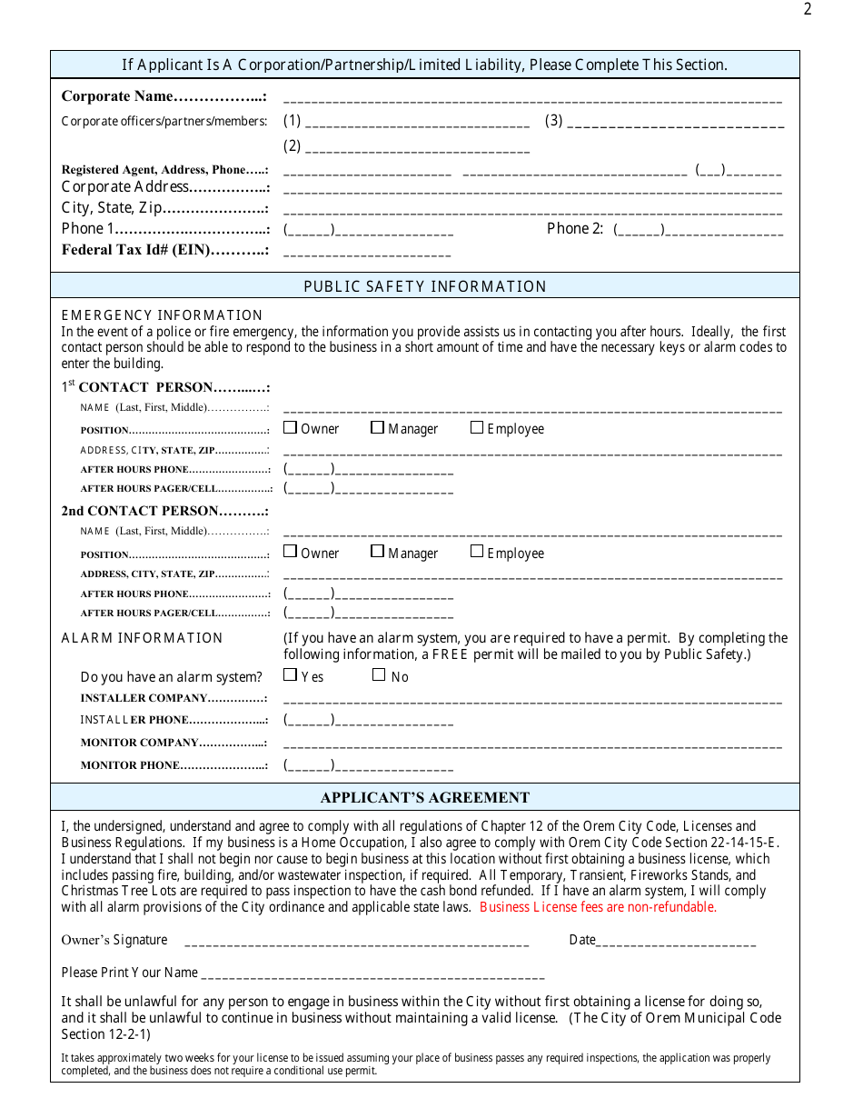 Business License Application Form - City of Orem, Utah, Page 2