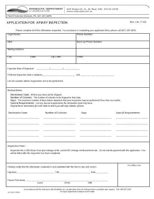 Form AG-03007 Application for Apiary Inspection - Minnesota