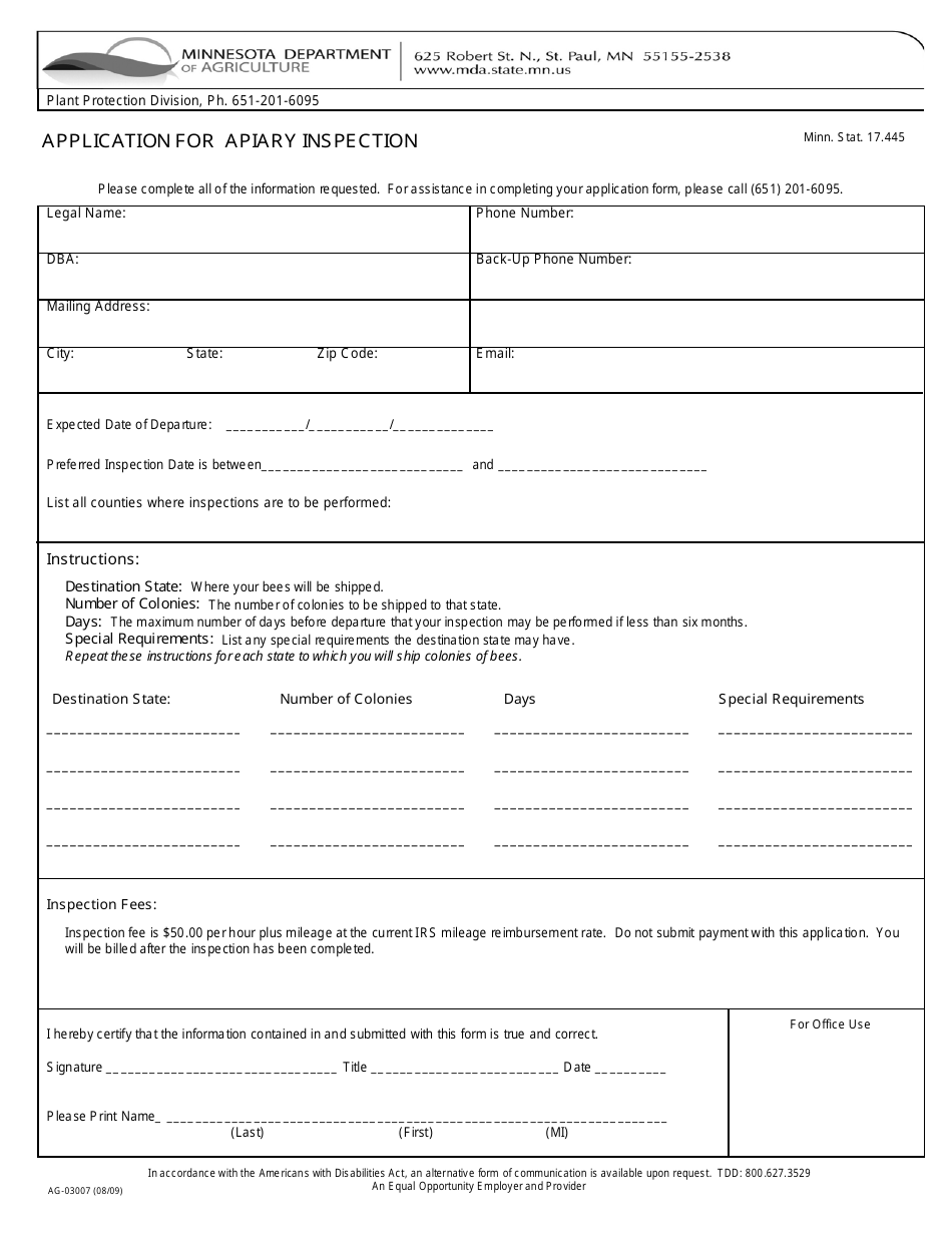 Form AG-03007 Application for Apiary Inspection - Minnesota, Page 1