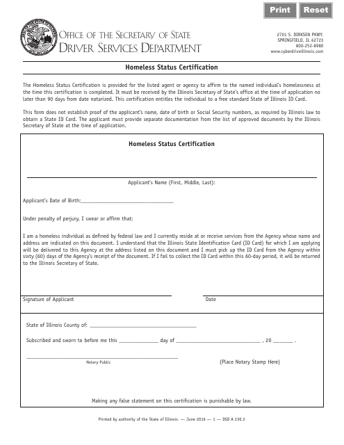 Homeless Status Certification Form - Illinois Download Pdf