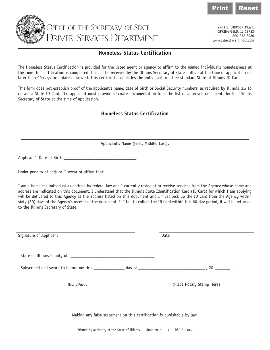 Homeless Status Certification Form - Illinois, Page 1