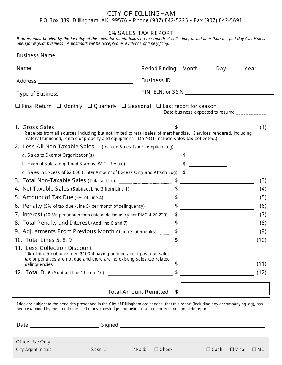 6% Sales Tax Report Form - Dillingham, Alaska, Page 1