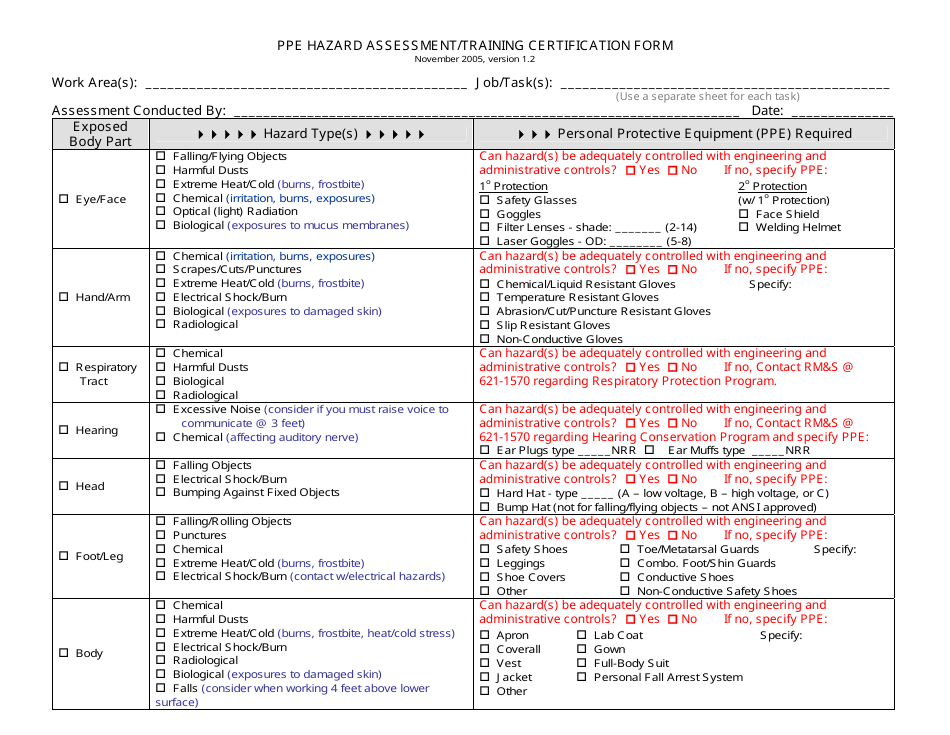 Ppe hazard assessment training certification form download printable pdf templateroller