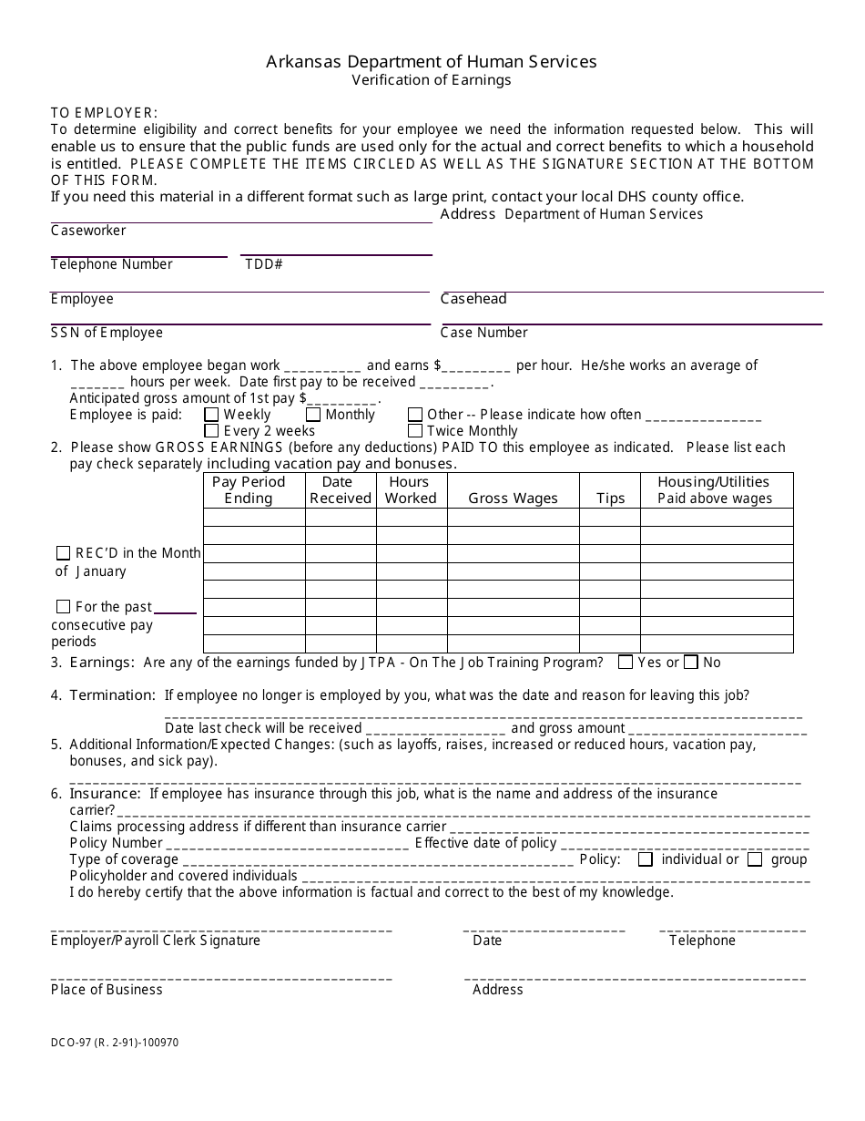 Form DCO-97 Verification of Earnings - Arkansas, Page 1