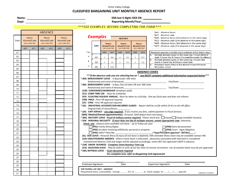 Classified Bargaining Unit Monthly Absence Report Form - Victor Valley College, Page 1