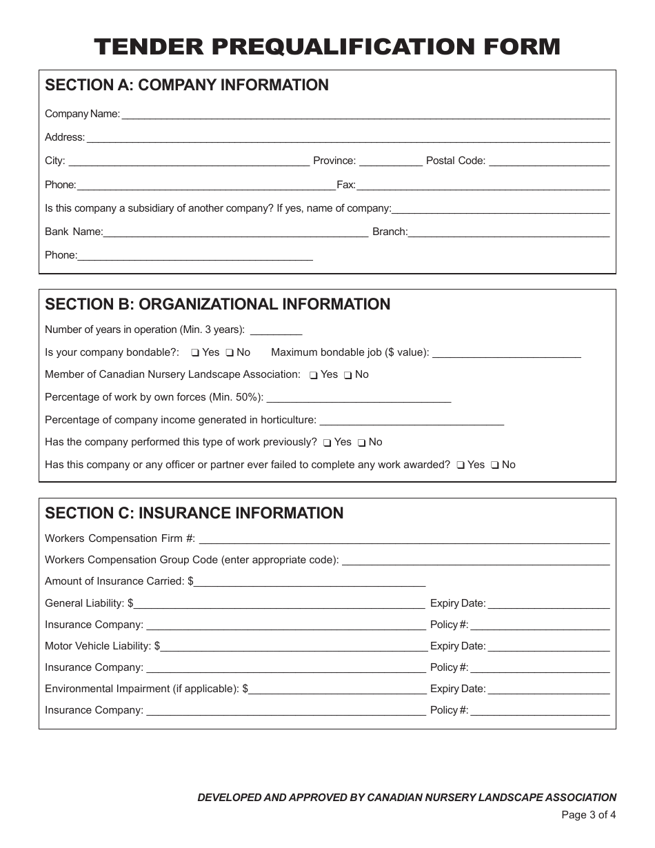 Contract Form / Tender Prequalification Form, Page 3
