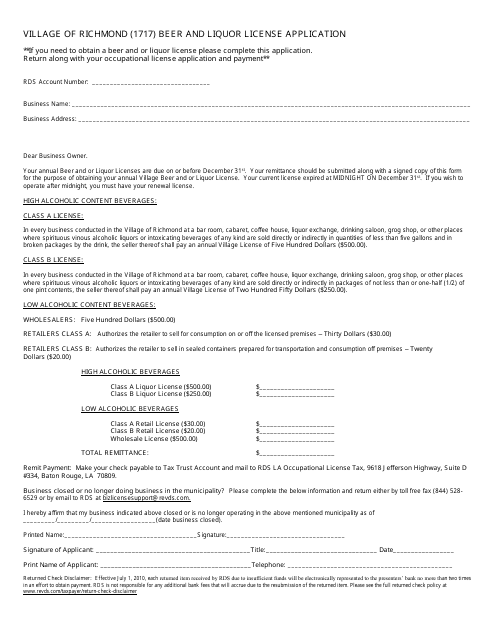 Beer and Liquor License Application Form - Village of Richmond, Louisiana Download Pdf