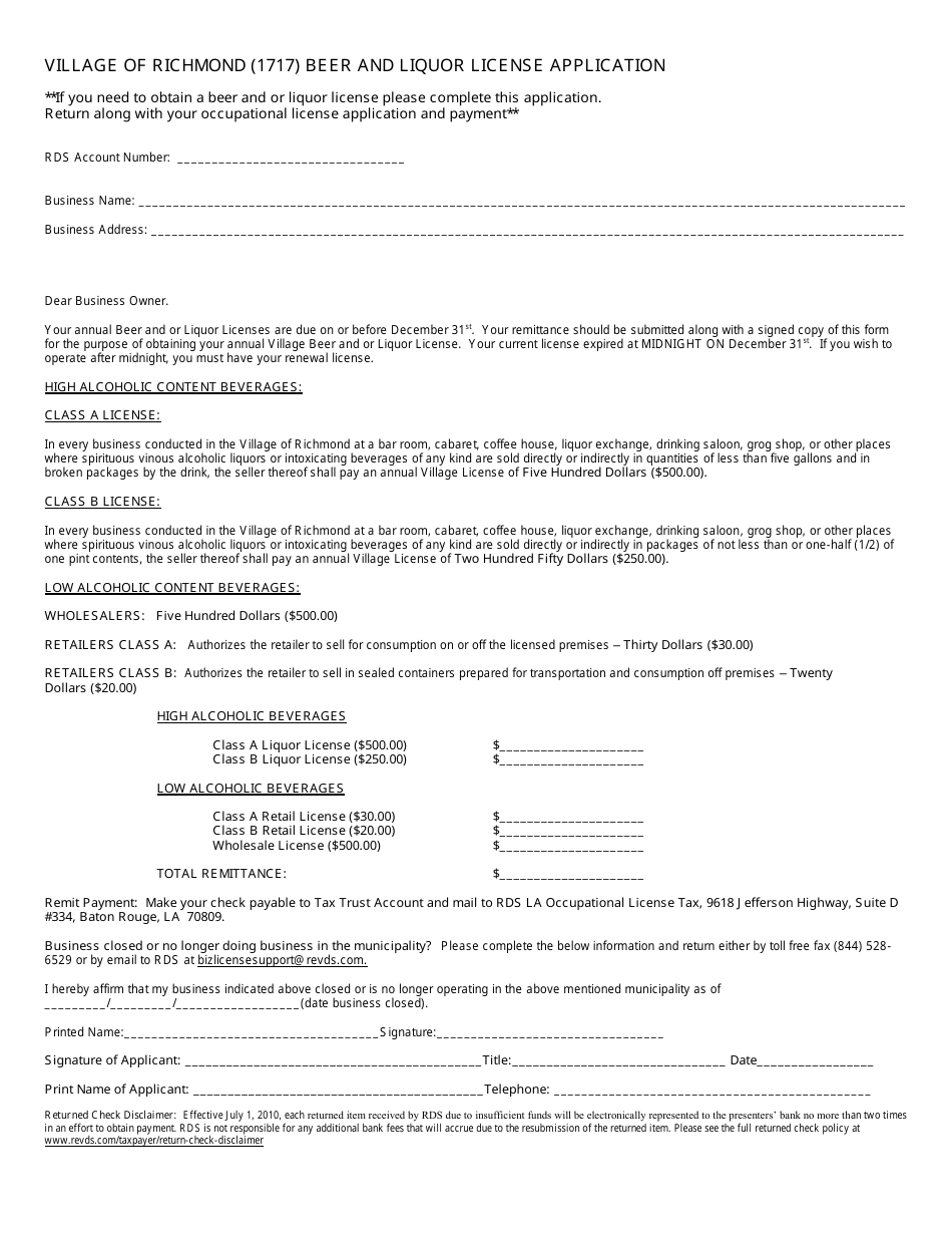 Beer and Liquor License Application Form - Village of Richmond, Louisiana, Page 1