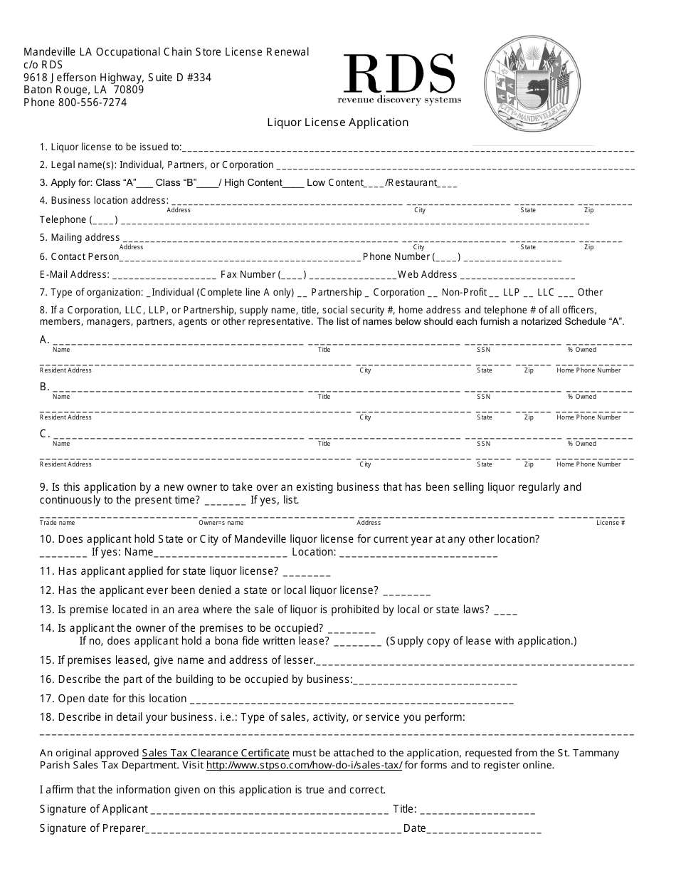 Liquor License Application Form - Rds - City of Mandeville, Louisiana, Page 1