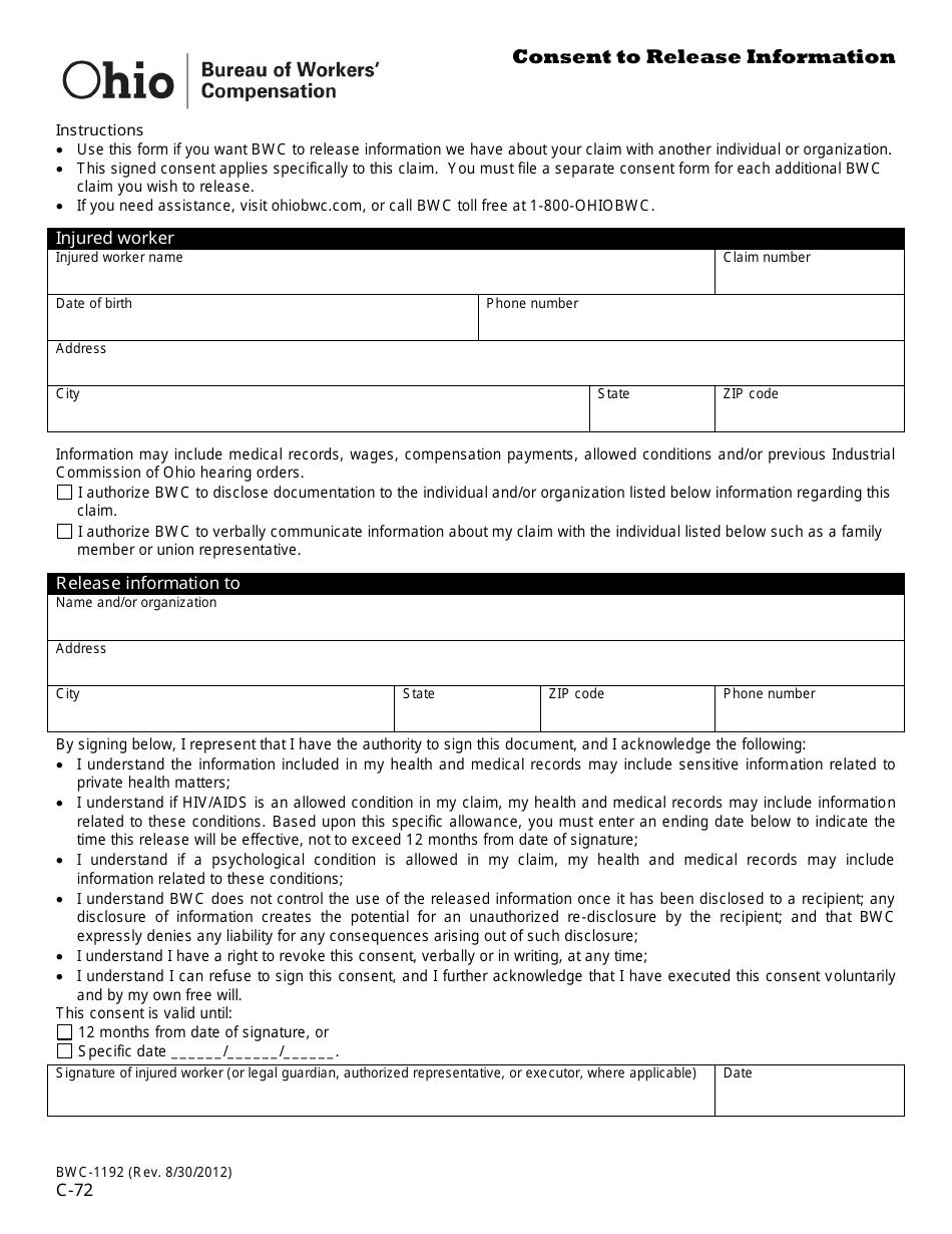 Form C-72 (BWC-1192) Consent to Release Information - Ohio, Page 1