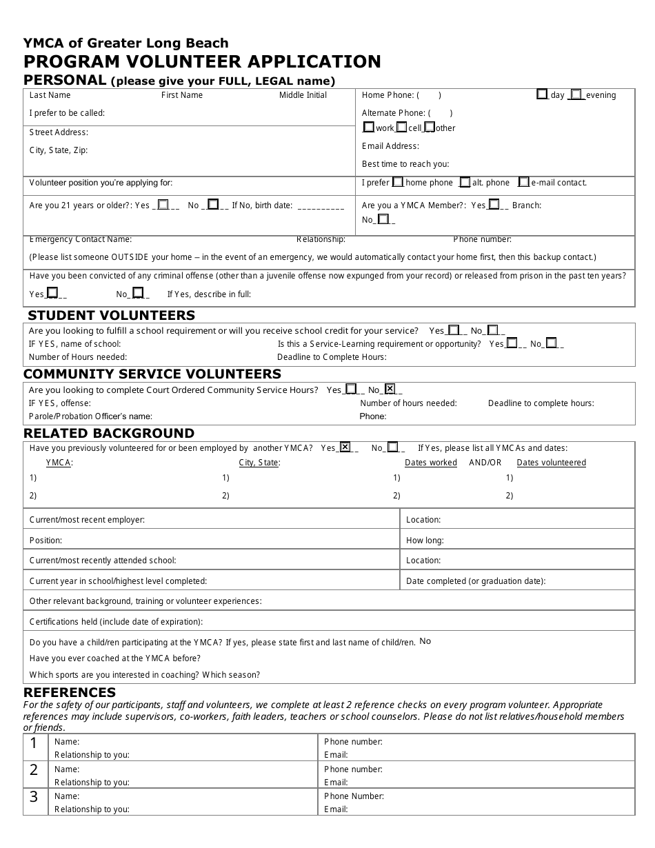 Program Volunteer Application - Ymca of Greater Long Beach - California, Page 1