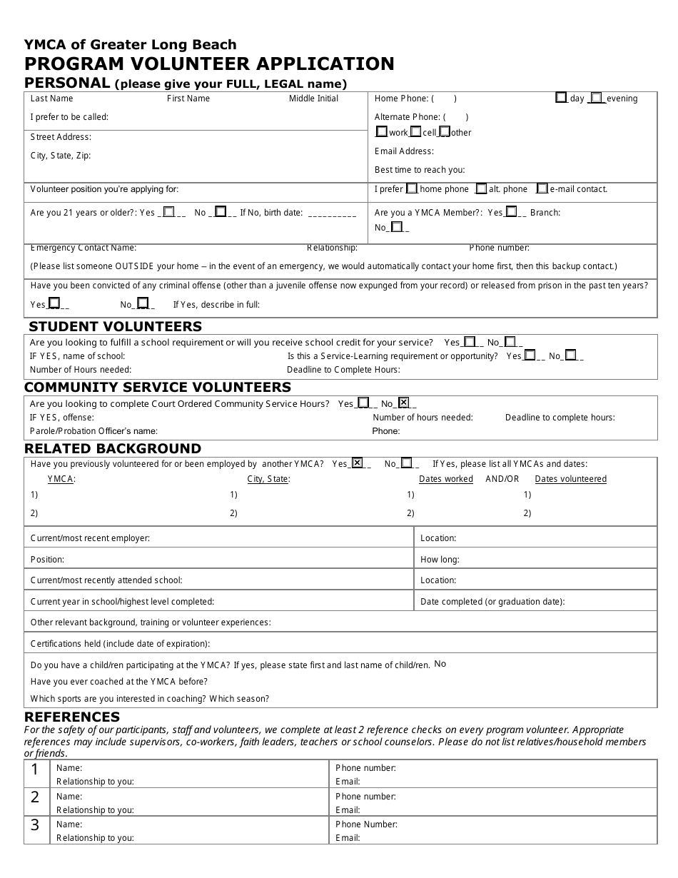 California Program Volunteer Application Ymca Of Greater Long Beach