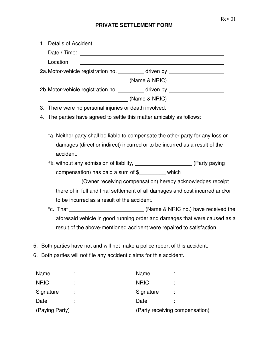 Private Settlement Form - Singapore, Page 1