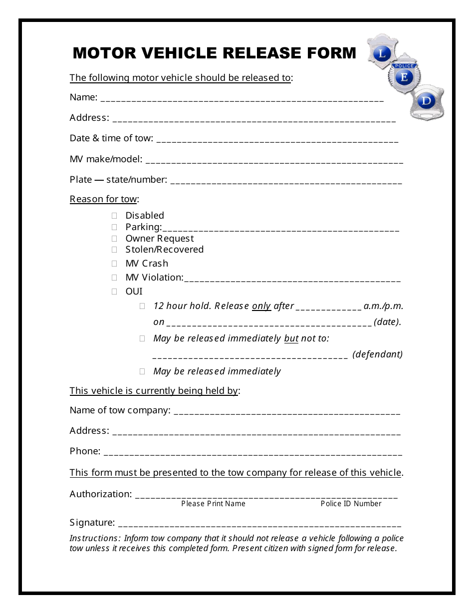 Motor Vehicle Release Form Led Police Download Printable PDF