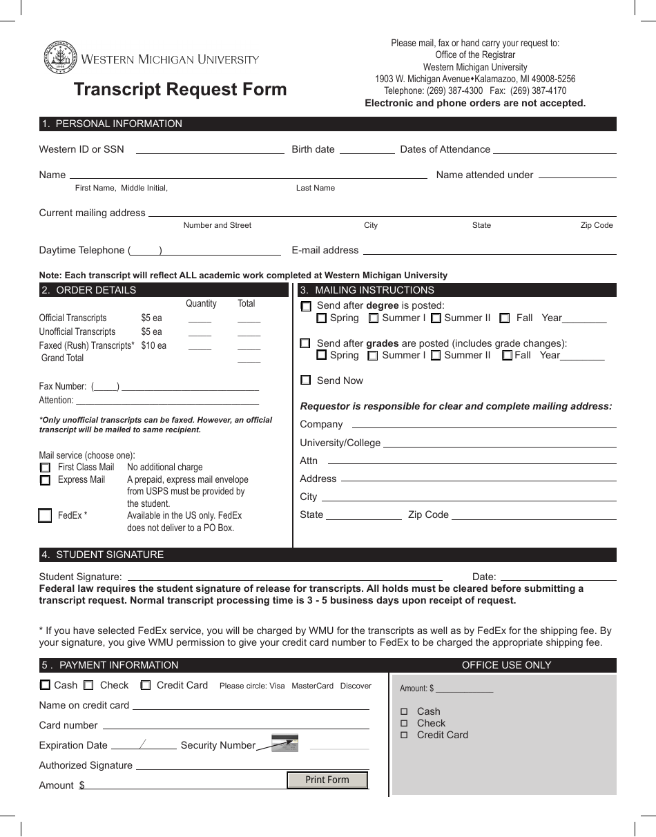 Transcript Request Form - Western Michigan University - Michigan, Page 1