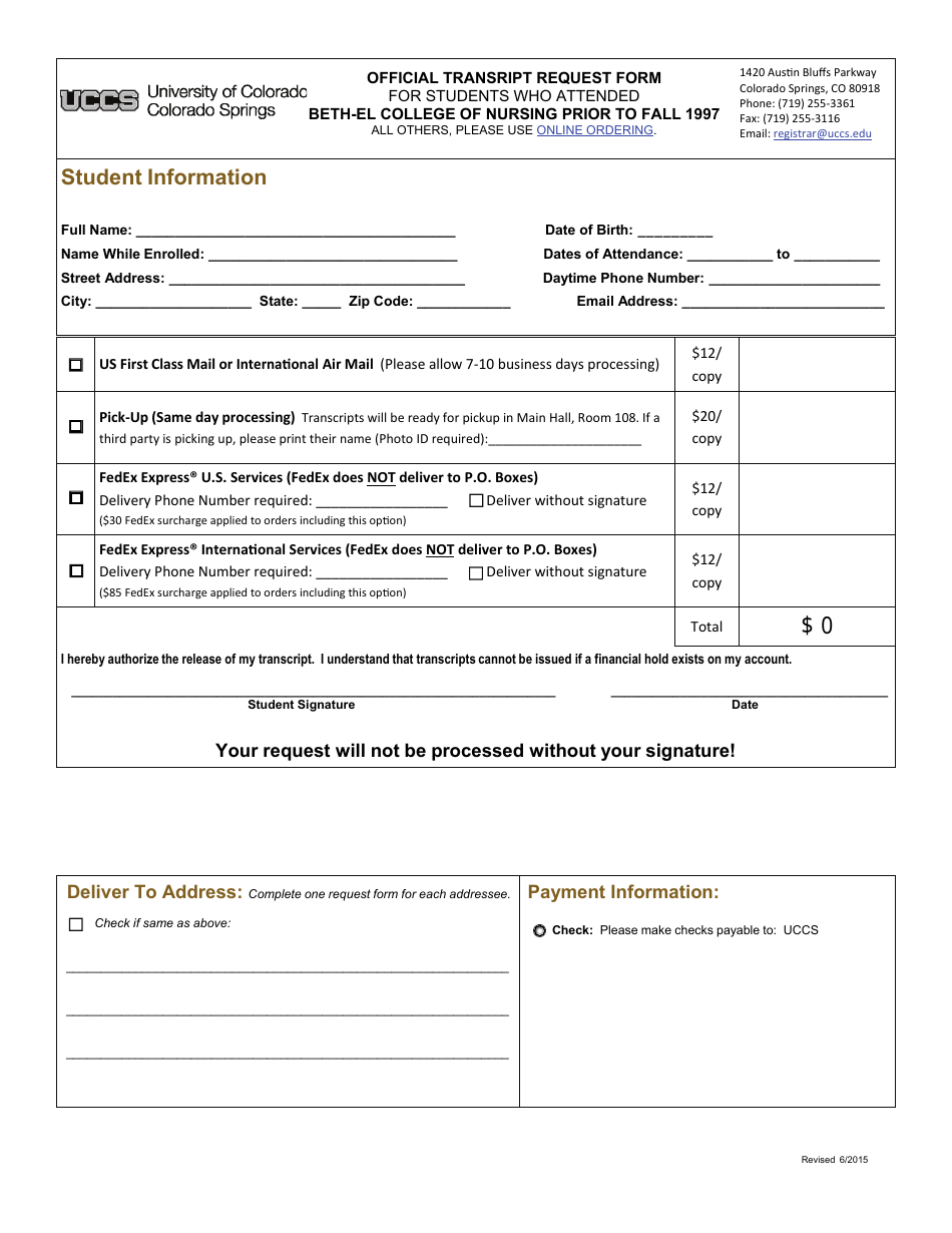 Colorado Springs, Colorado Official Transcript Request Form