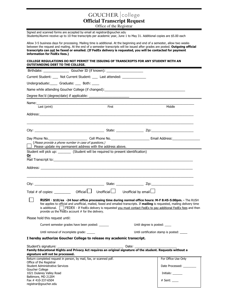 Official Transcript Request Form - Goucher College - Baltimore, Maryland, Page 1