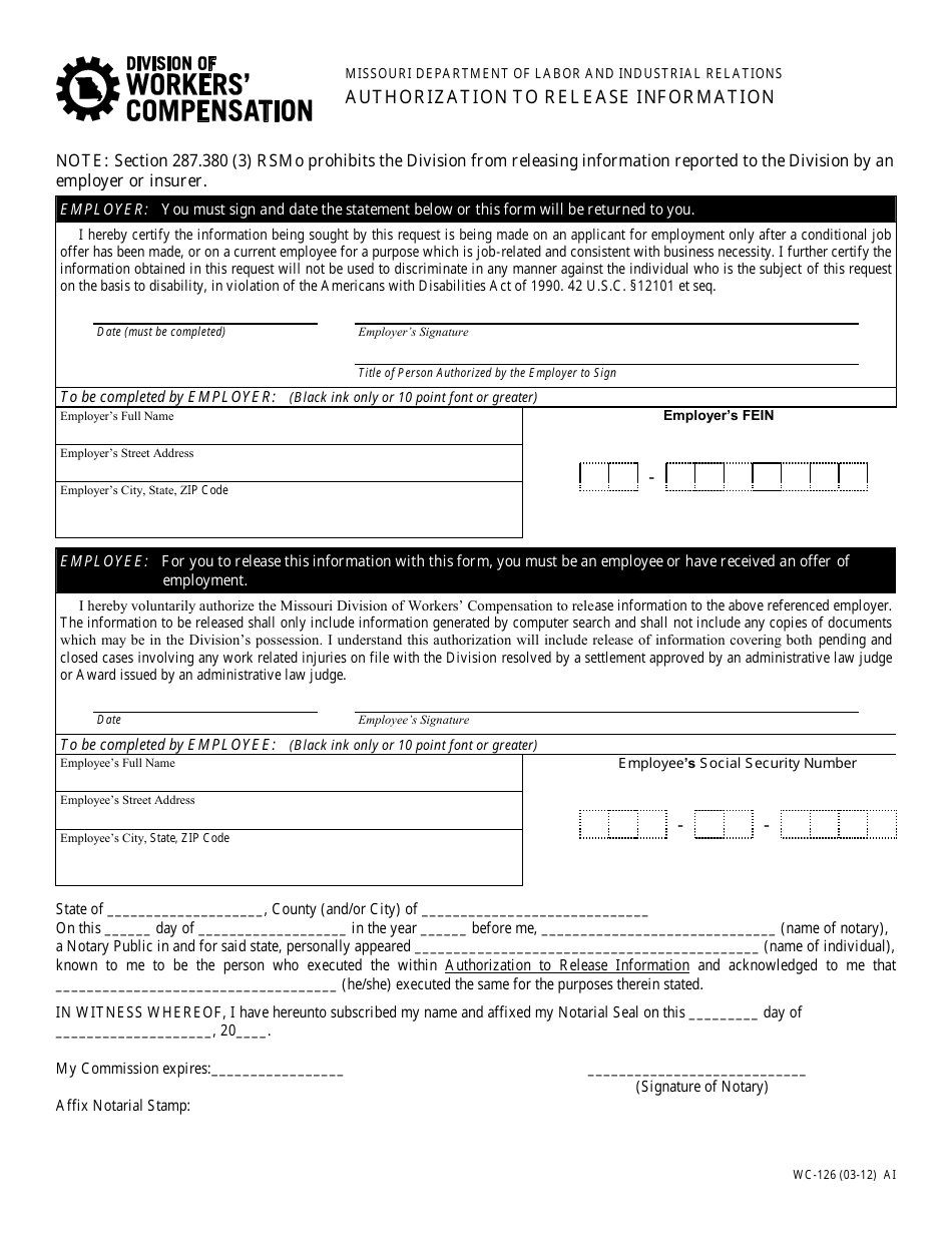 Form WC-126 Authorization to Release Information - Missouri, Page 1