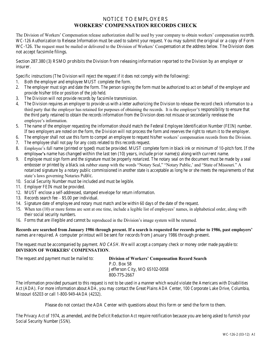 Form WC-126 Authorization to Release Information - Missouri, Page 2