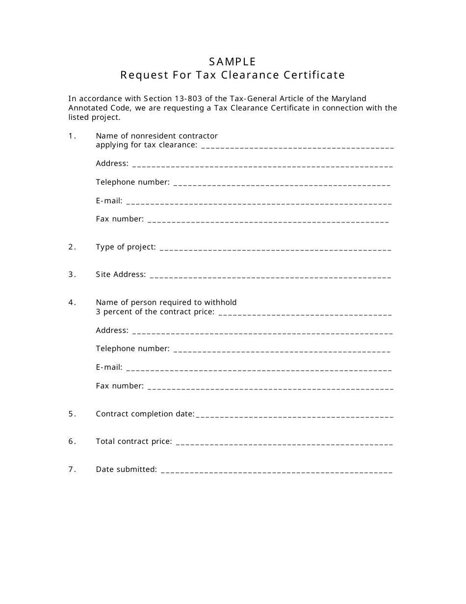 Request for Tax Clearance Certificate - Sample - Maryland, Page 1