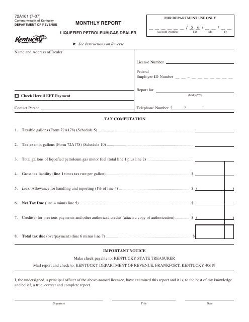 Form 72A161 Monthly Report - Liquefied Petroleum Gas Dealer - Kentucky