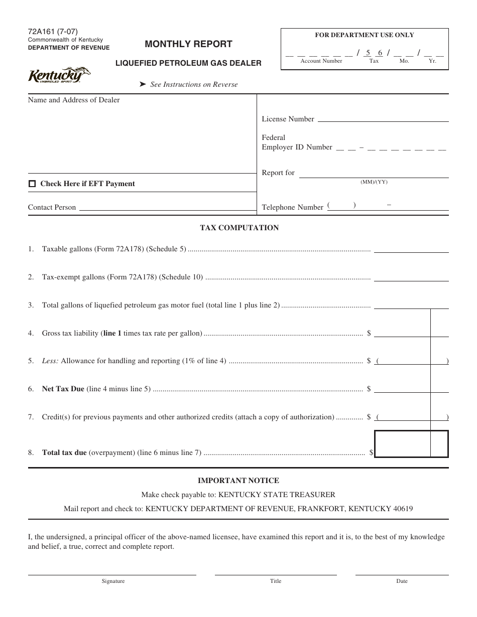 Form 72A161 Monthly Report - Liquefied Petroleum Gas Dealer - Kentucky, Page 1