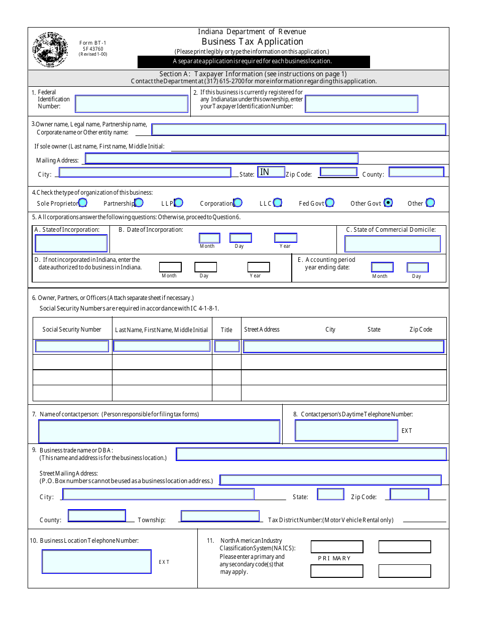 Form BT-1 Business Tax Application - Indiana, Page 1