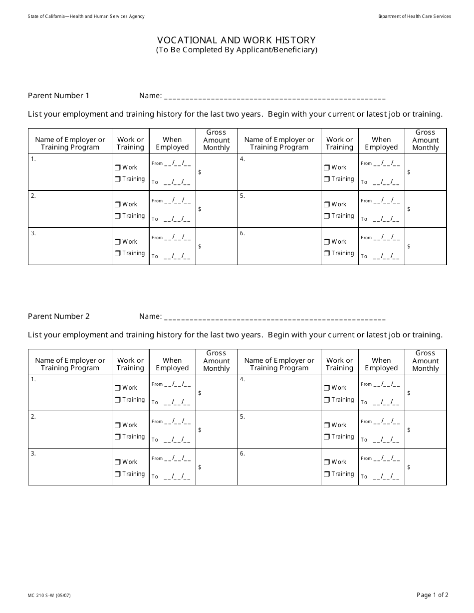 Form MC210 S-W Vocational and Work History - California, Page 1