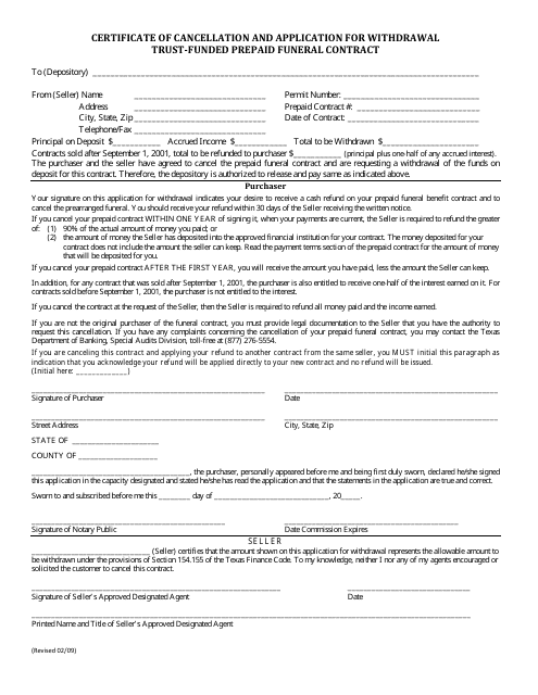 Texas Certificate of Cancellation and Application for Withdrawal Trust