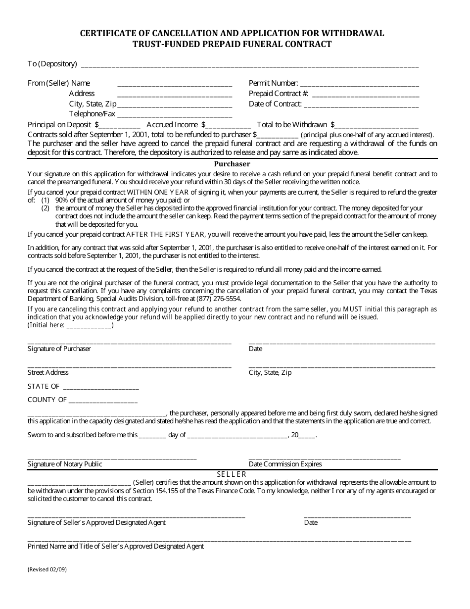 Certificate of Cancellation and Application for Withdrawal Trust-Funded Prepaid Funeral Contract - Texas, Page 1