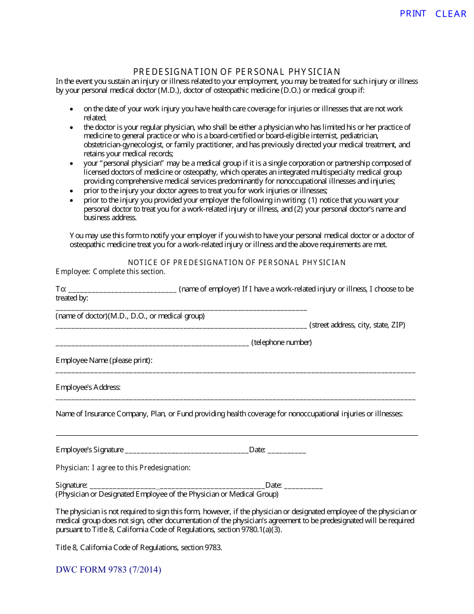 Form 9783 Predesignation of Personal Physician - California, Page 1