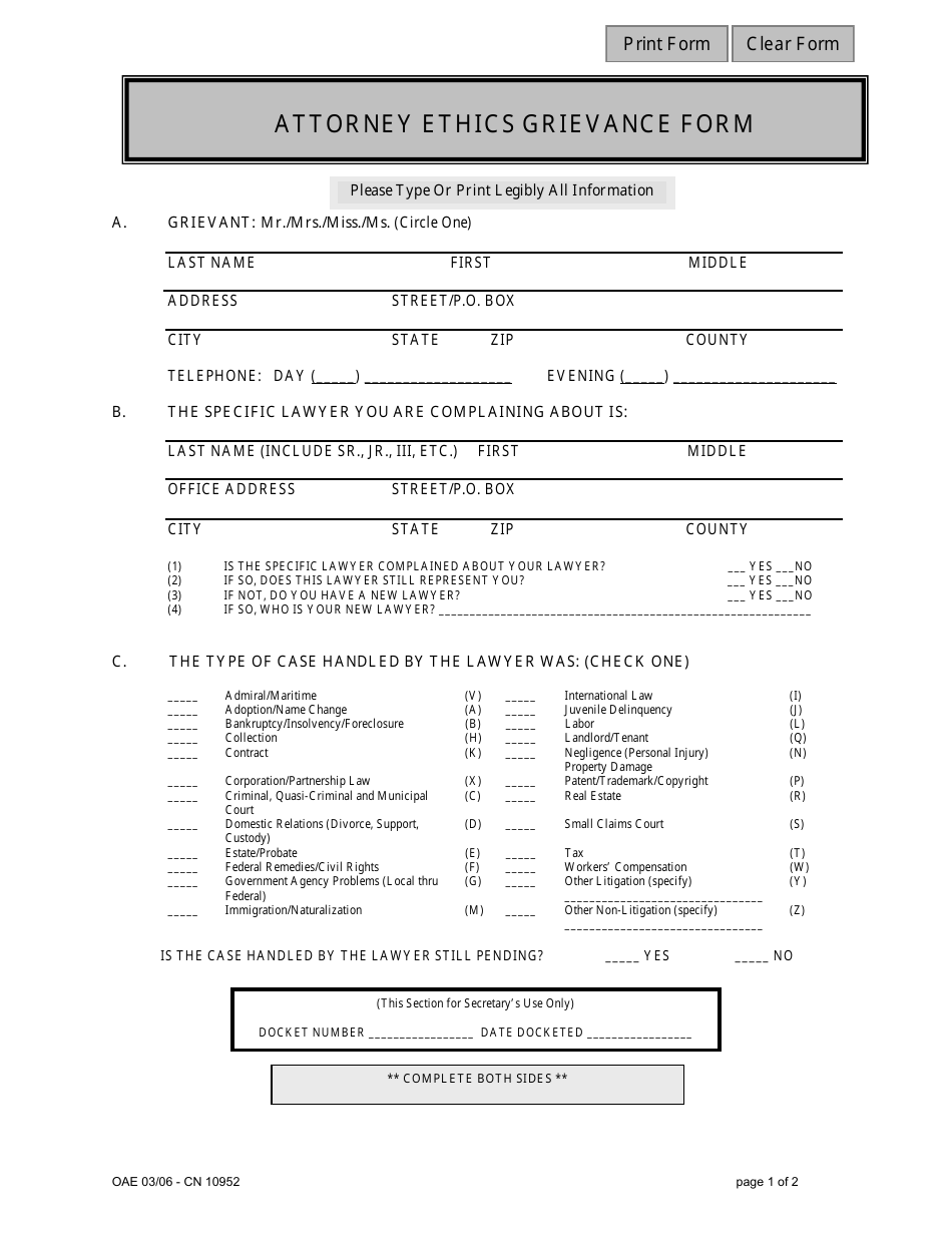 Form 10952 Attorney Ethics Grievance Form - New Jersey, Page 1