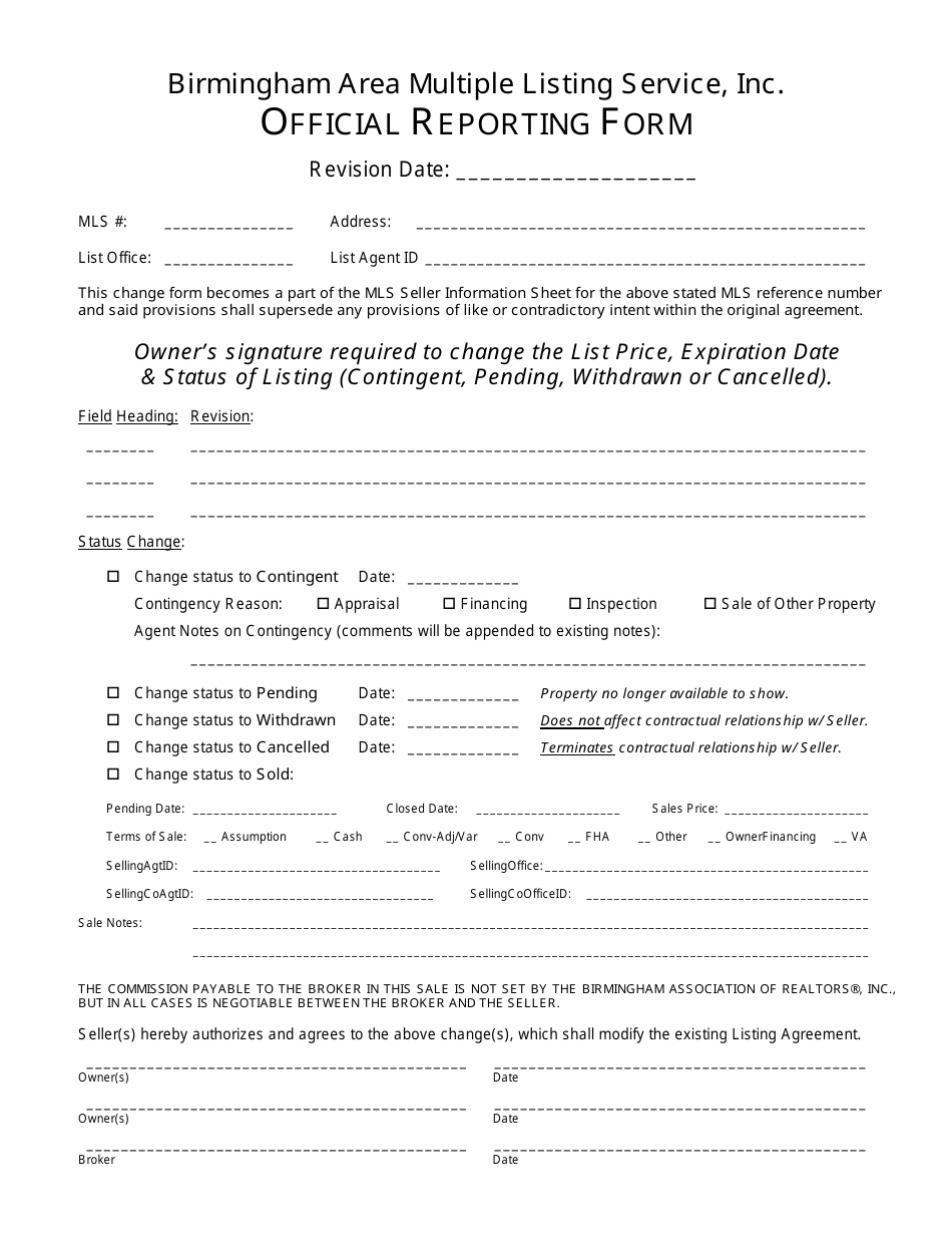 Official Reporting Form - Birmingham Association of Realtors - Fill Out ...