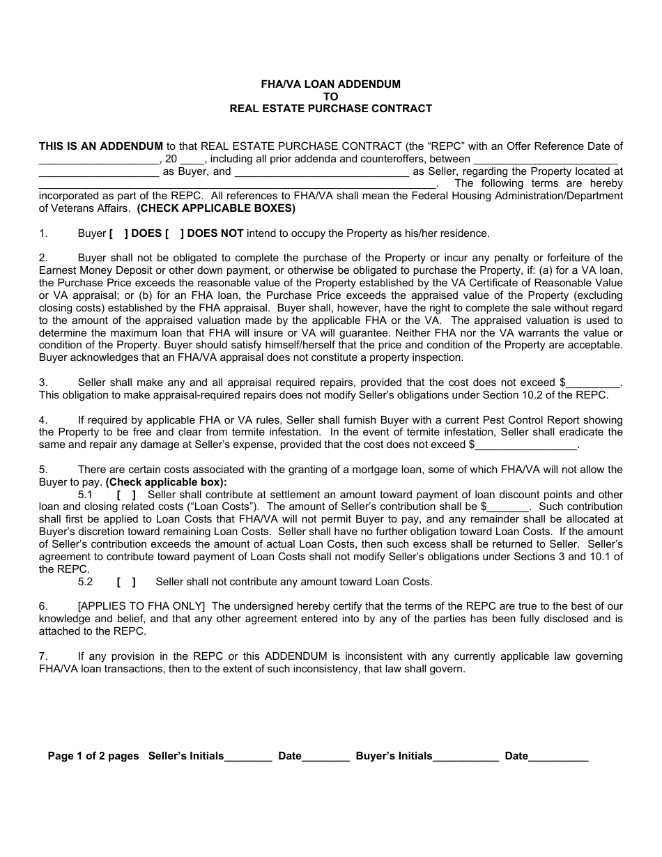 Utah Fha/VA Loan Addendum to Real Estate Purchase Contract - Fill Out ...