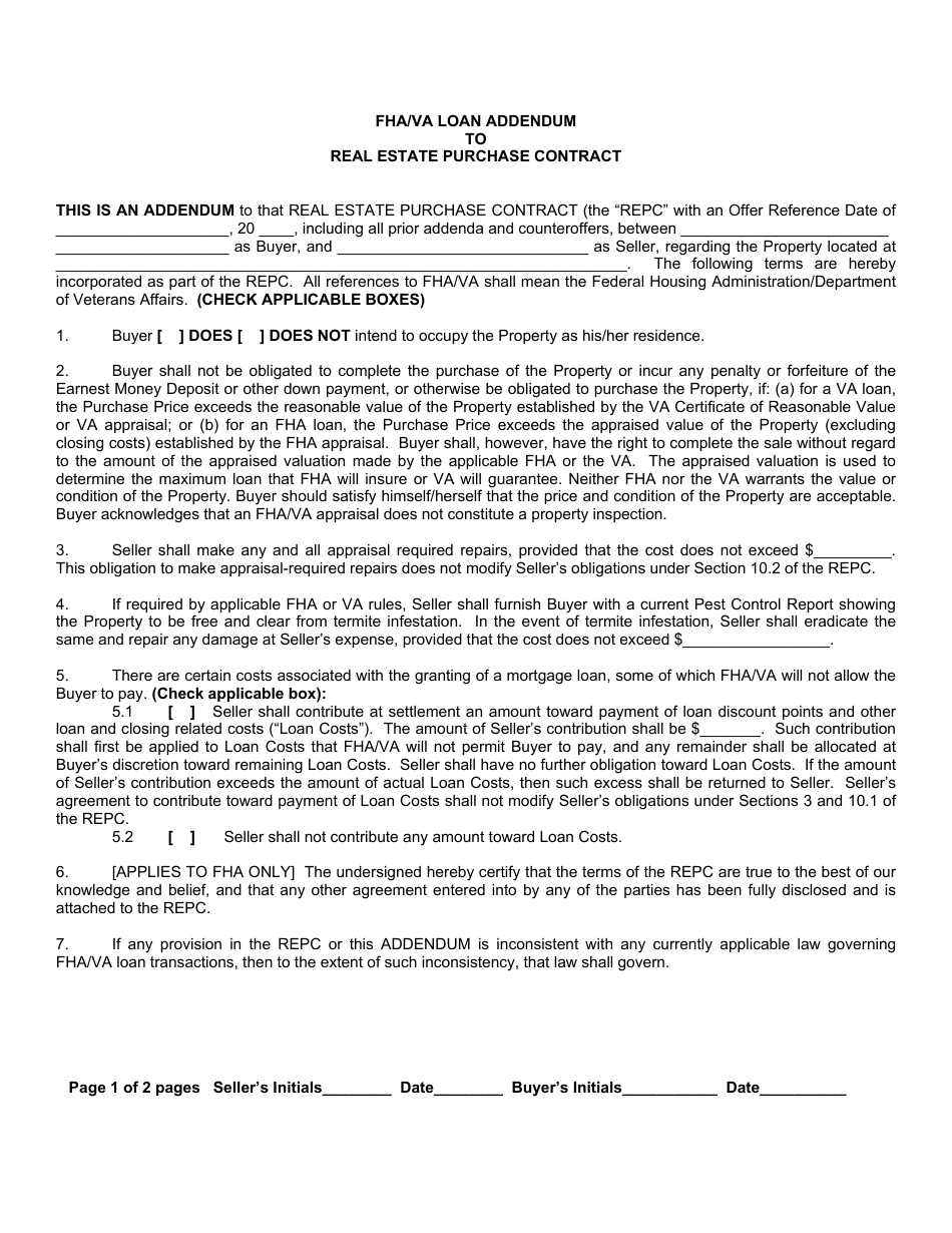 Fha / VA Loan Addendum to Real Estate Purchase Contract - Utah, Page 1