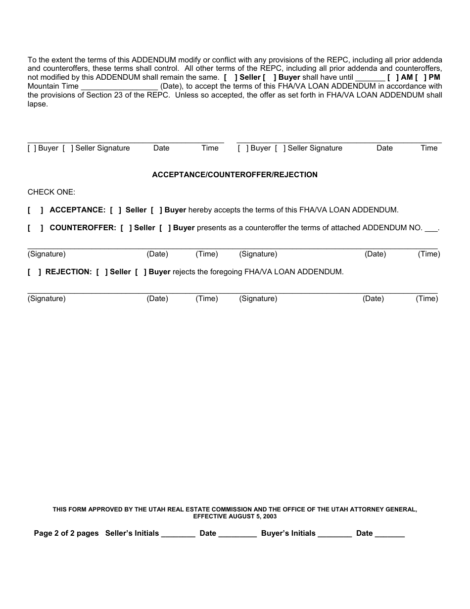 Fha / VA Loan Addendum to Real Estate Purchase Contract - Utah, Page 2