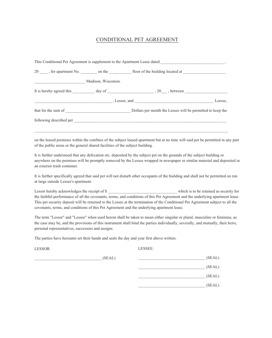 Conditional Pet Agreement Form, Page 1