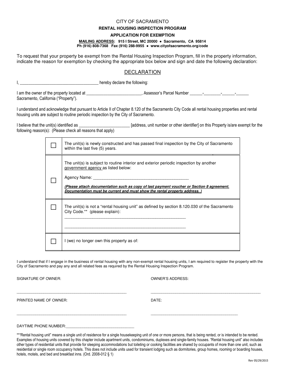 Application for Exemption - Rental Housing Inspection Program - City of Sacramento, California, Page 1