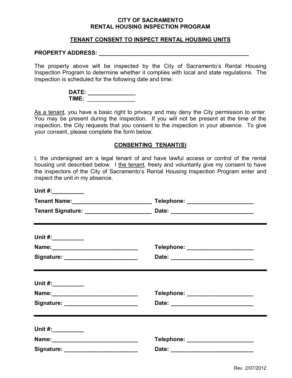 Tenant Consent to Inspect Rental Housing Units - Rental Housing Inspection Program - City of Sacramento, California, Page 1
