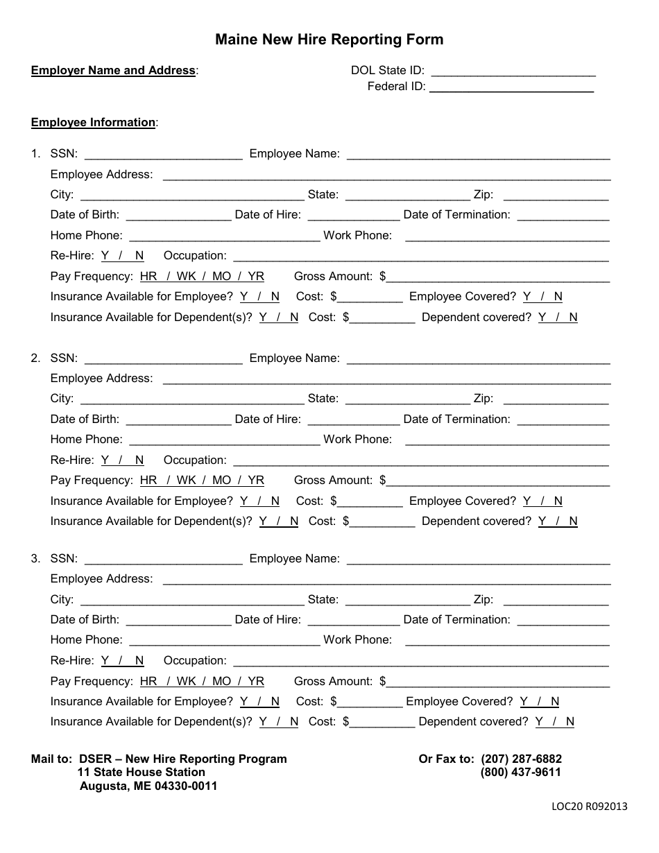 Form LOC20 Maine New Hire Reporting Form - Maine, Page 1