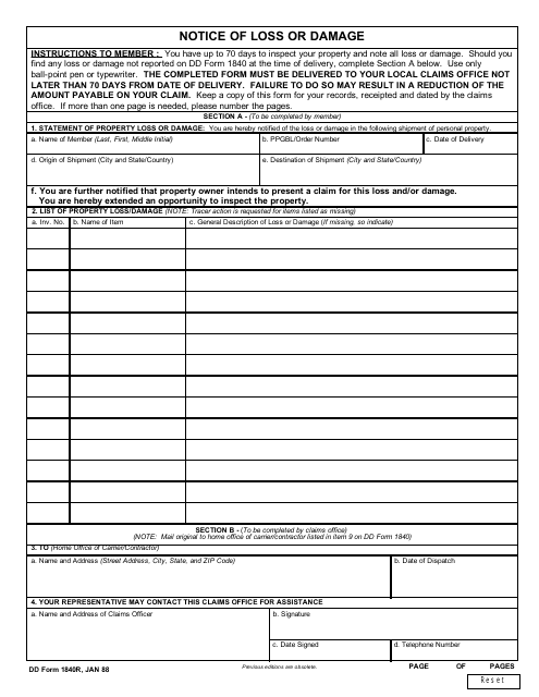 DD Form 1840r Notice of Loss or Damage