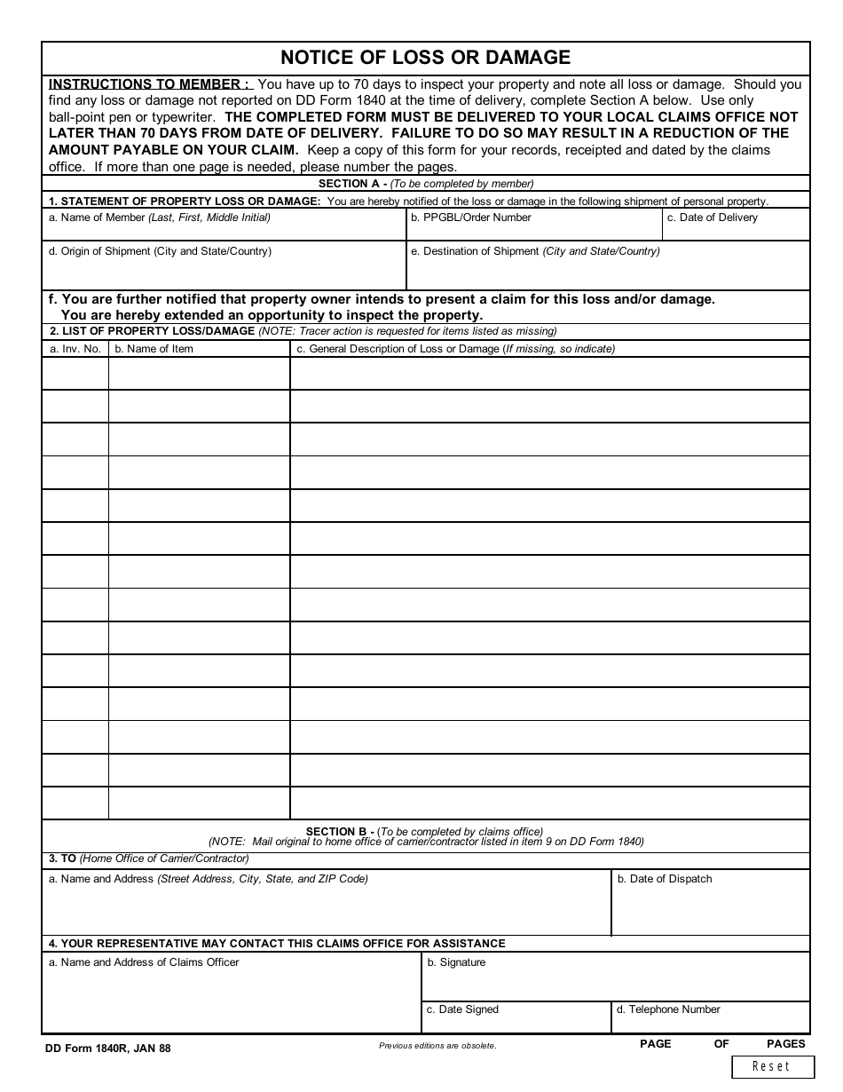 DD Form 1840r Notice of Loss or Damage, Page 1