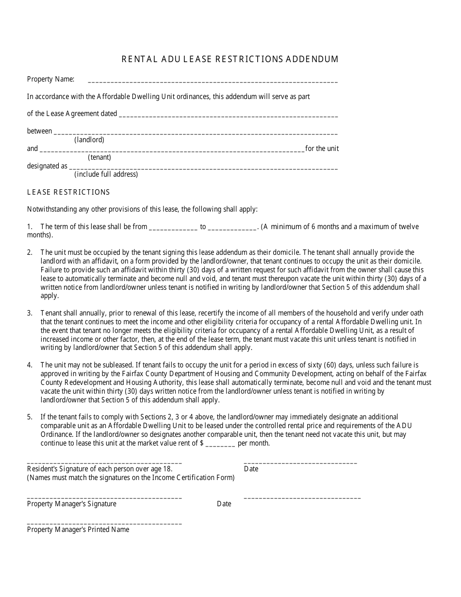 Rental Adu Lease Restrictions Addendum - Fairfax County, Virginia, Page 1