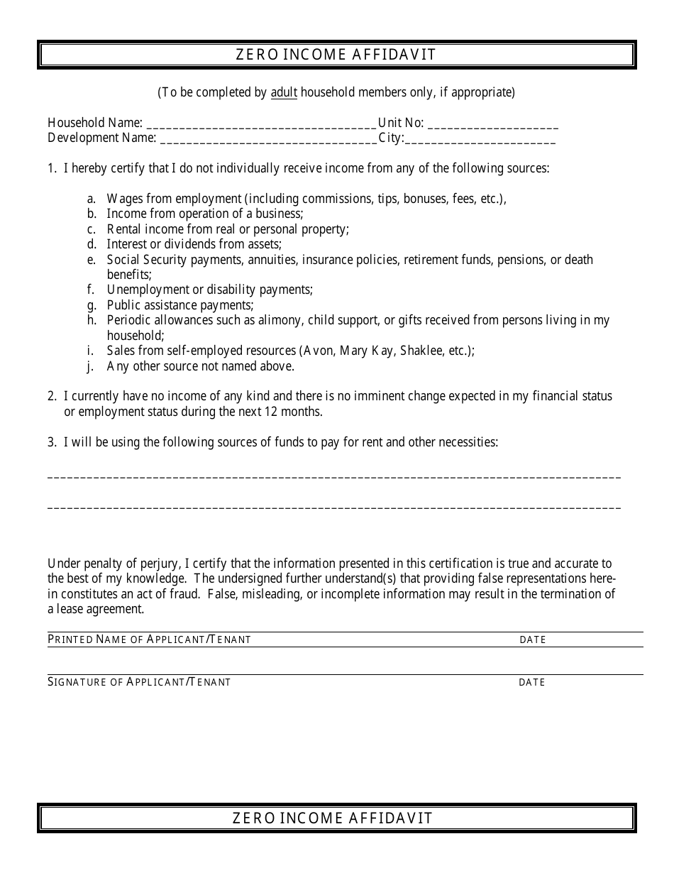 Zero Income Affidavit Form for Tenants, Page 1