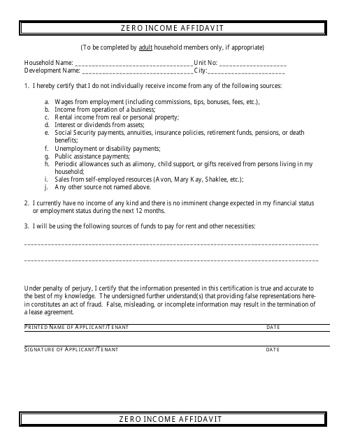 Zero Income Affidavit Form for Tenants Download Pdf