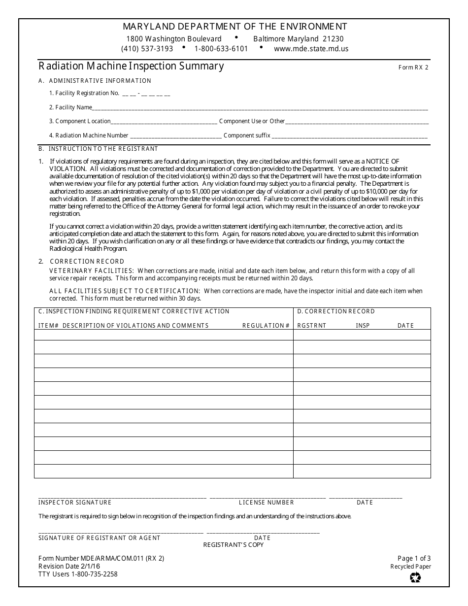 Form RX2 (MDE / ARMA / COM.011) Radiation Machine Inspection Summary - Maryland, Page 1