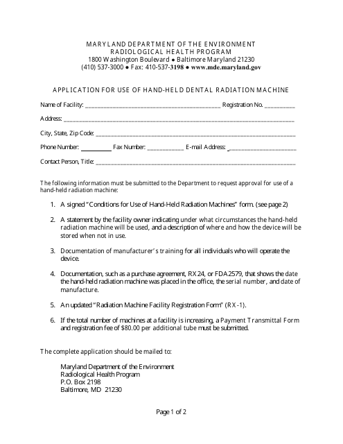 Application for Use of Hand-Held Dental Radiation Machine - Maryland