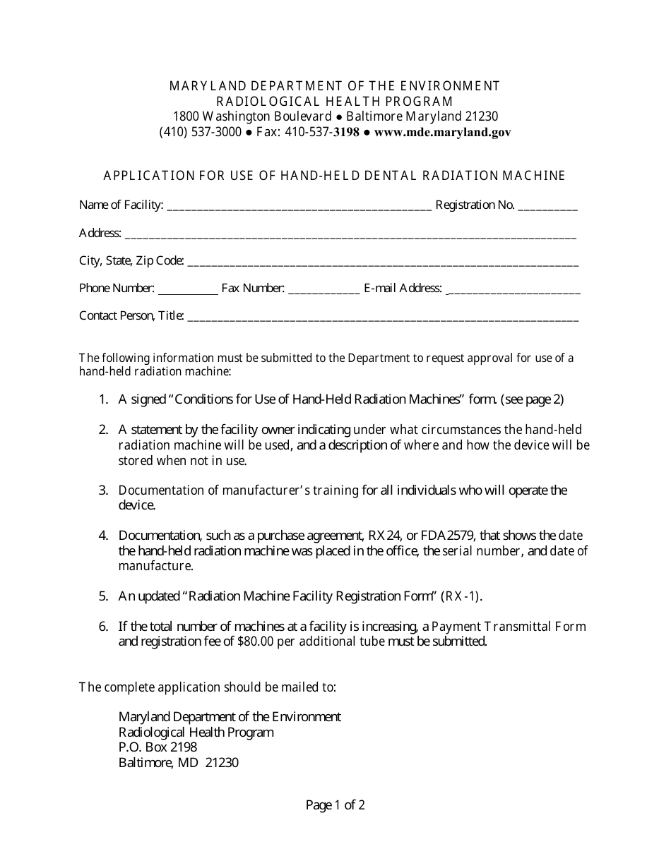 Maryland Application for Use of HandHeld Dental Radiation Machine