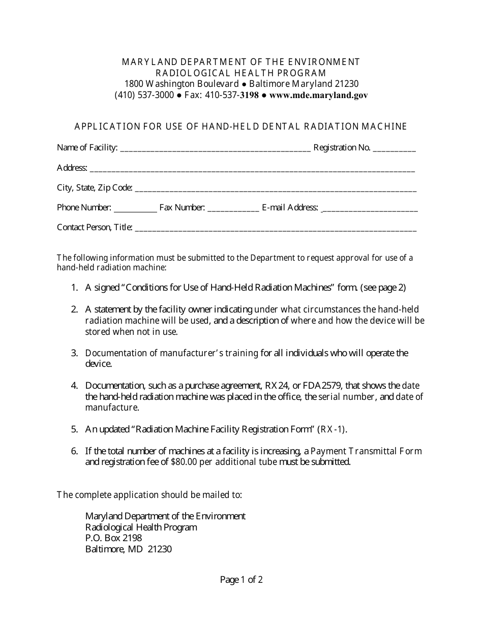 Application for Use of Hand-Held Dental Radiation Machine - Maryland, Page 1