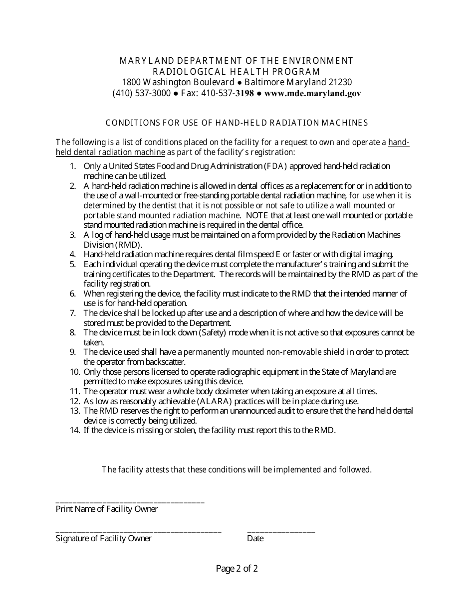 Maryland Application for Use of HandHeld Dental Radiation Machine